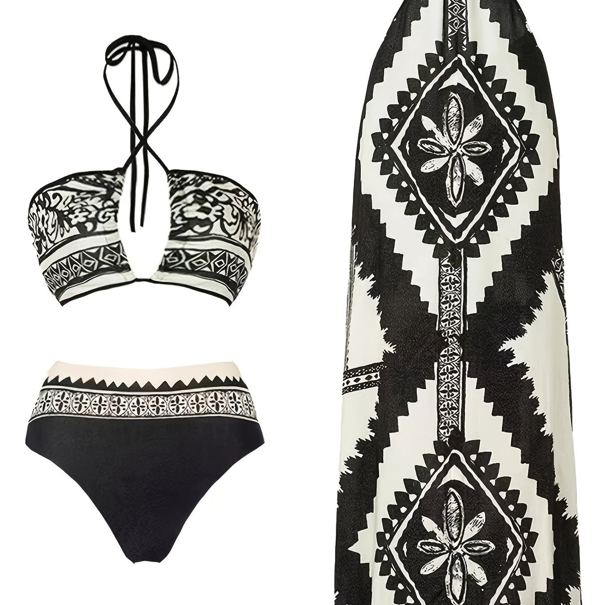 Ladies' Elegant Three Piece Hollow Design Bikini Set With High Elasticity Fabric, Fashionable Beach Swimsuit For Women
