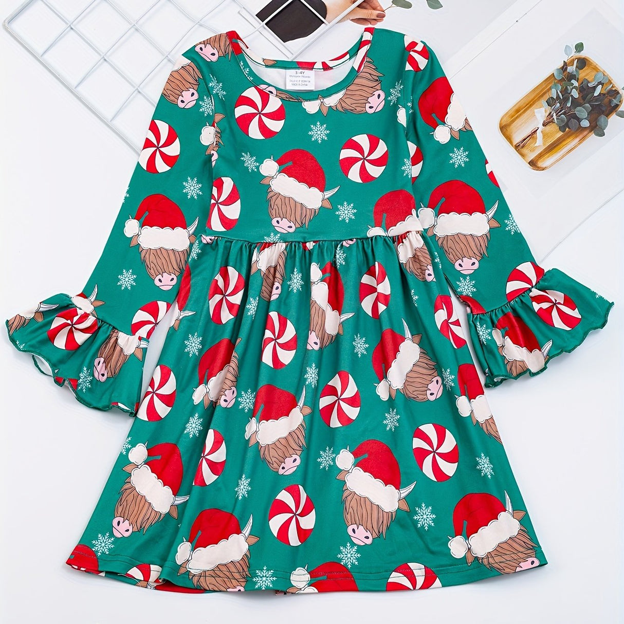 Festive Girls' Christmas Party Dress - Casual & Stretchy Santa Claus & Candy Graphic Kids Clothes for Girls
