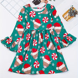 Festive Girls' Christmas Party Dress - Casual & Stretchy Santa Claus & Candy Graphic Kids Clothes for Girls