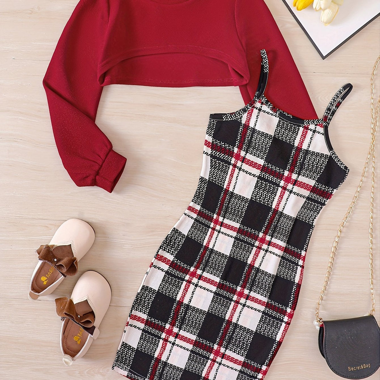 Trendy Girl's 2pcs, Plaid Pattern Sundress & Crop Sweatshirt Set, Casual Outfits, Kids Clothes For Spring Autumn