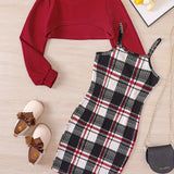 Trendy Girl's 2pcs, Plaid Pattern Sundress & Crop Sweatshirt Set, Casual Outfits, Kids Clothes For Spring Autumn