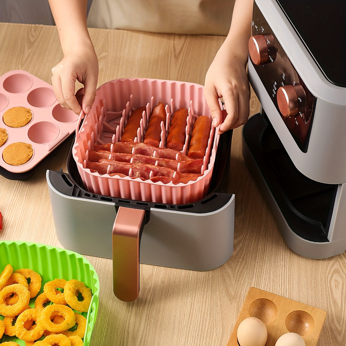 [9-Cavity Cake Mold Air Fryer Set] 1set, Premium Square Air Fryer Silicone Set - Bacon & Hot Dog Rack, 9-Cavity Cake Mold, Air Fryer Pan - BPA-Free, Dishwasher Safe - Compatible With 7QT+ Air Fryers