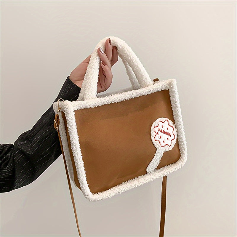 Plush Cow Pattern Tote Bag, Y2K Vintage Shoulder Bag, Fluffy Faux Fur Handbag For Women