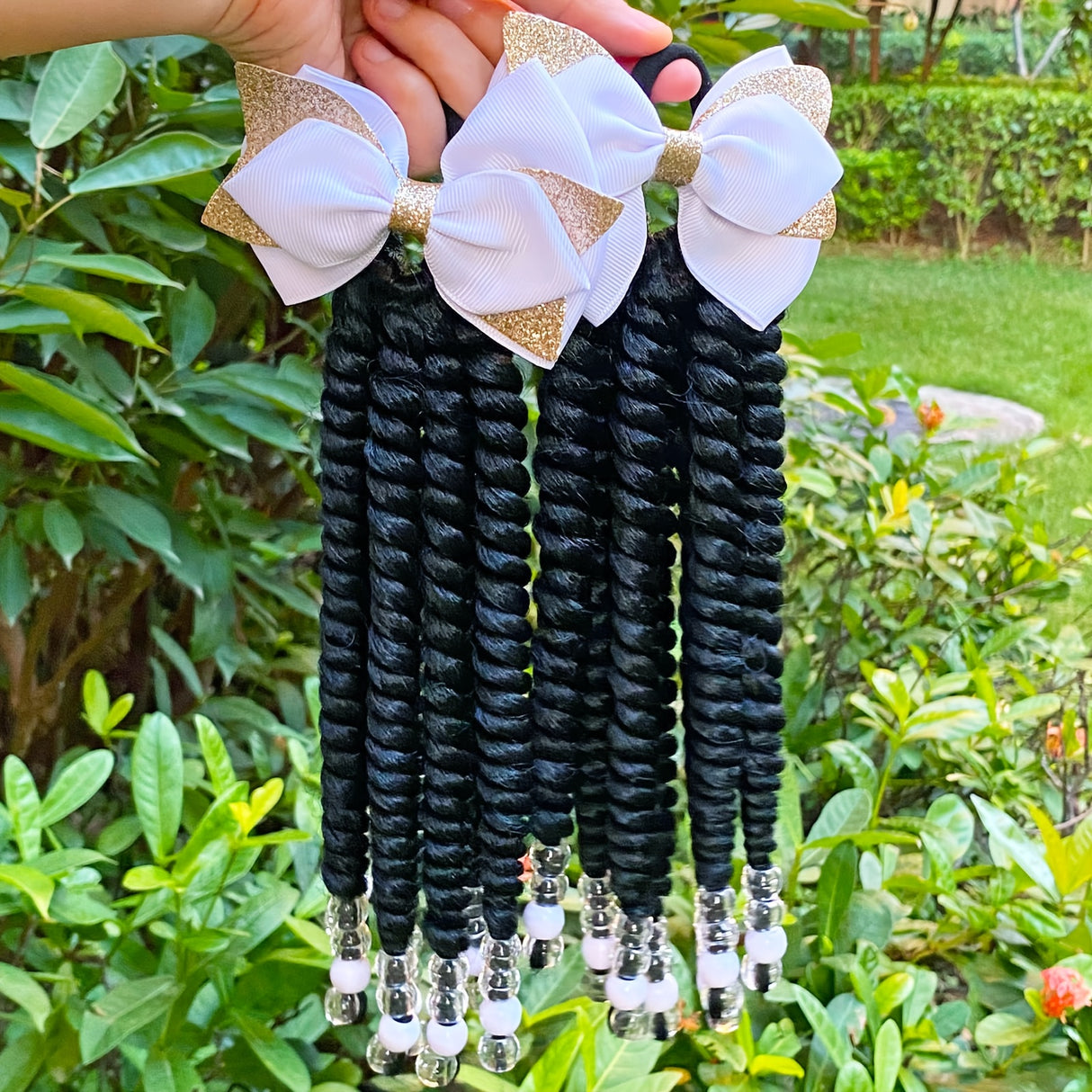 2pcs Delicate Kids Ponytail Extensions, Braids With Beads, Sweet Hair Extension With Elastic Tie, Twist Ponytails With Hair Bows Butterflies, Cute Pigtail, Beautiful Wig For Girls Casual Leisure Party Supplies, Gift Stage Per