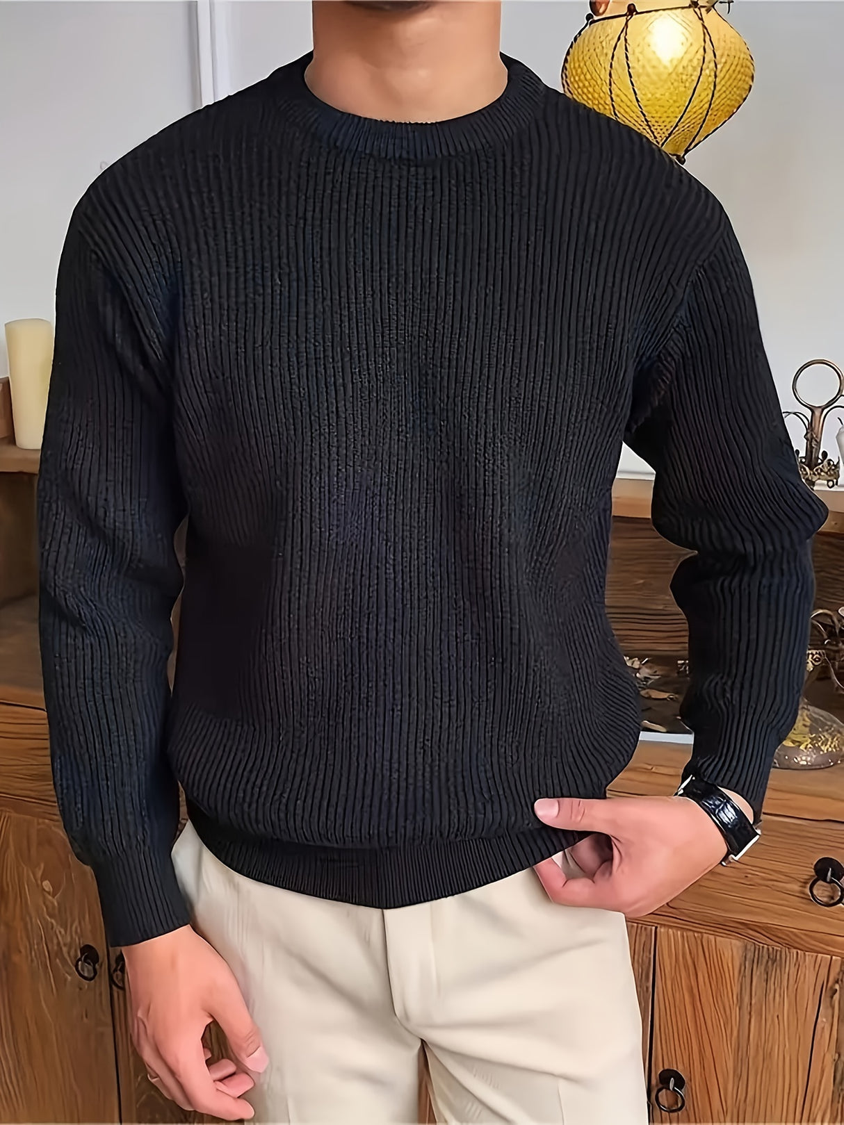 Cozy Solid Color Crew Neck Sweater for Men - Long Sleeve Pullover Tops for Spring and Fall - Soft, Breathable, and Versatile Casual Wear