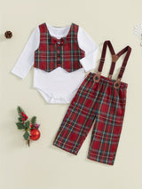 Baby Boy Christmas Outfit, Long Sleeve Romper with Plaid Overall Pants and Vest Infant Outfit