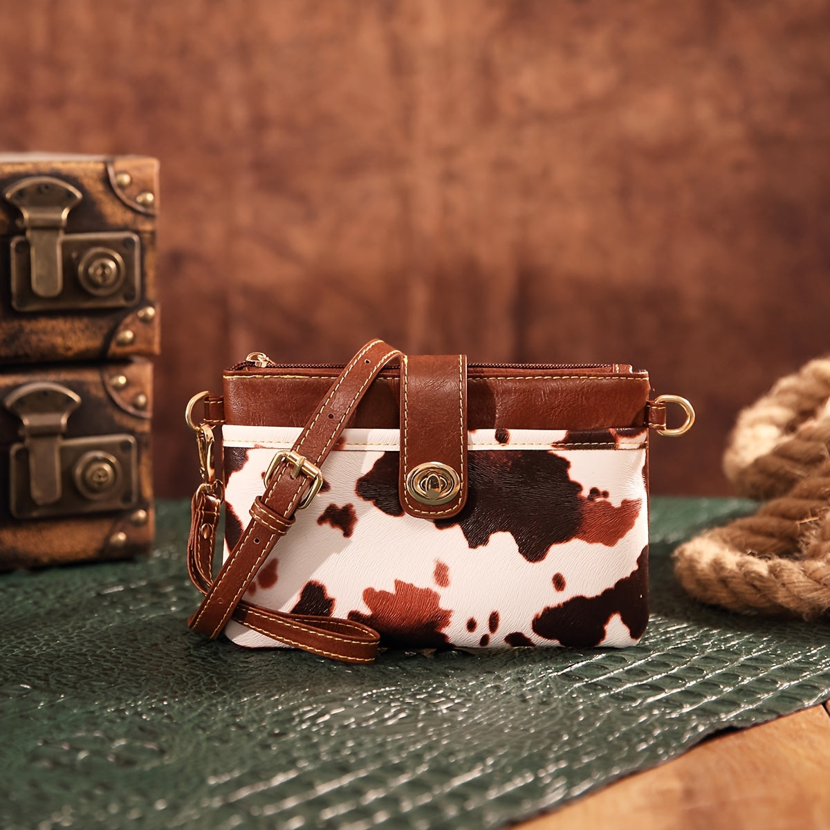 Retro Cow Print Crossbody Bag, Western Aztec Clutch Bag, Ethnic Style Wrist Wallet Coin Purse For Women