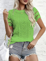 Spring/Fall Elegance: Embroidered Crew Neck Cap Sleeve Top for Women - Semi-Sheer, Easy Care, Durable Fabric