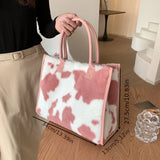 Plush Cow Pattern Tote Bag, Y2K Vintage Shoulder Bag, Fluffy Faux Fur Handbag For Women