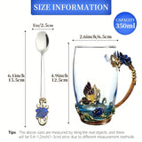 Elegant Ramadan Rose Enamel Glass Tea Cup with Spoon - BPA-Free, Crystal-Embellished Mug for Hot Drinks, Ideal Gift