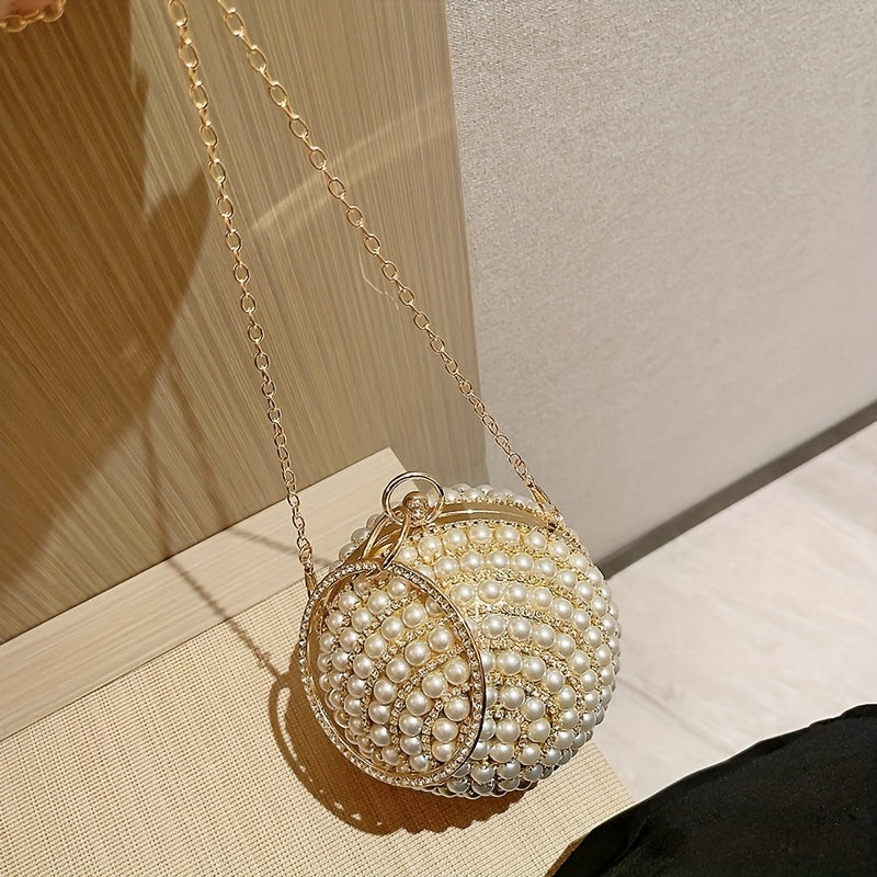 Glamorous Faux Pearl & Rhinestone Ball Clutch - Sparkling Evening Handbag for Weddings, Proms & Parties - Womens Fashion Purse