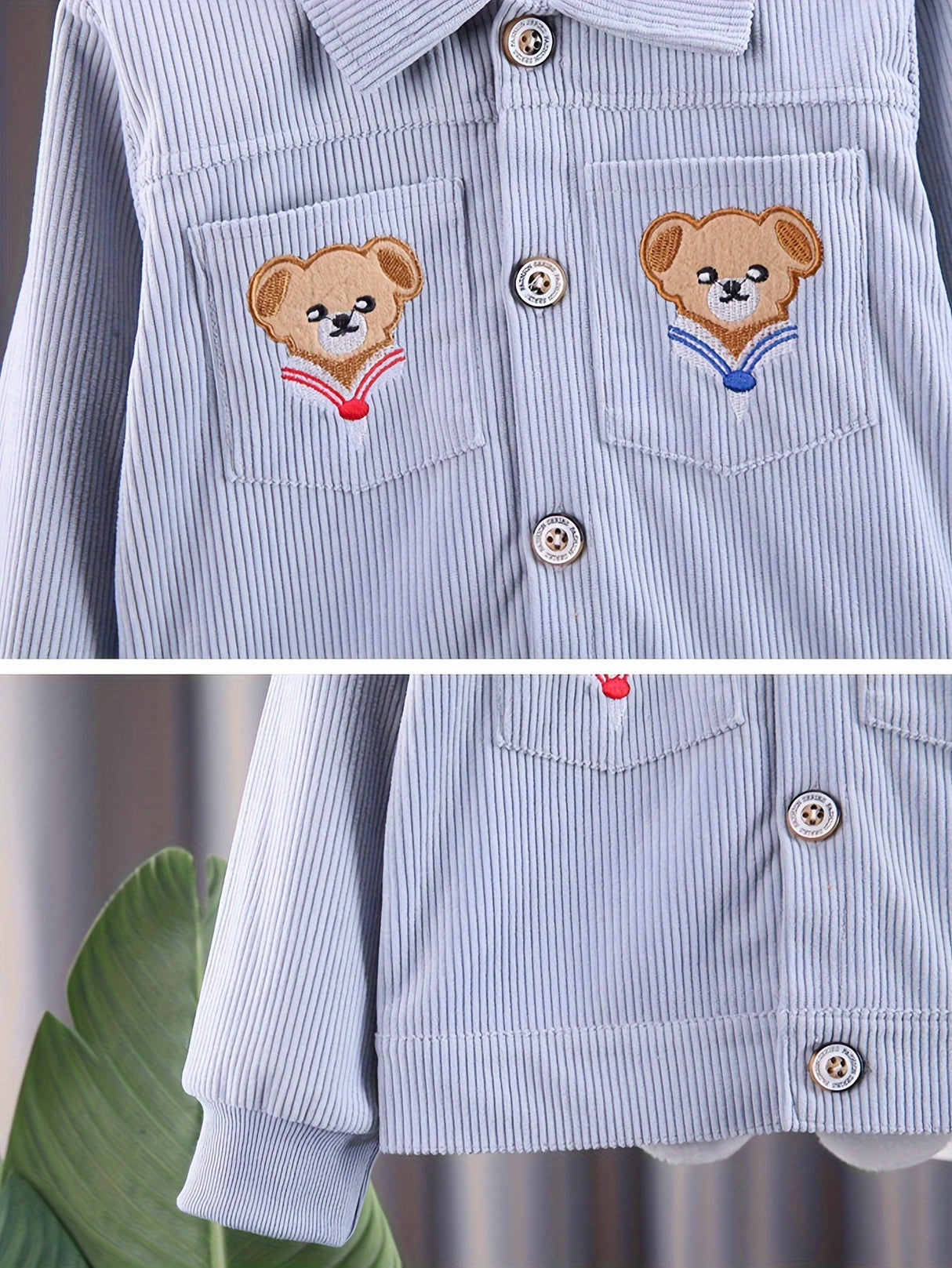 2pcs Toddler Boys Stylish Corduroy Outfit Set - Comfortable Casual Sportswear with Adorable Embroidered Bear Design, Complete Coat and Pants - Perfect for Spring and Autumn, Beige