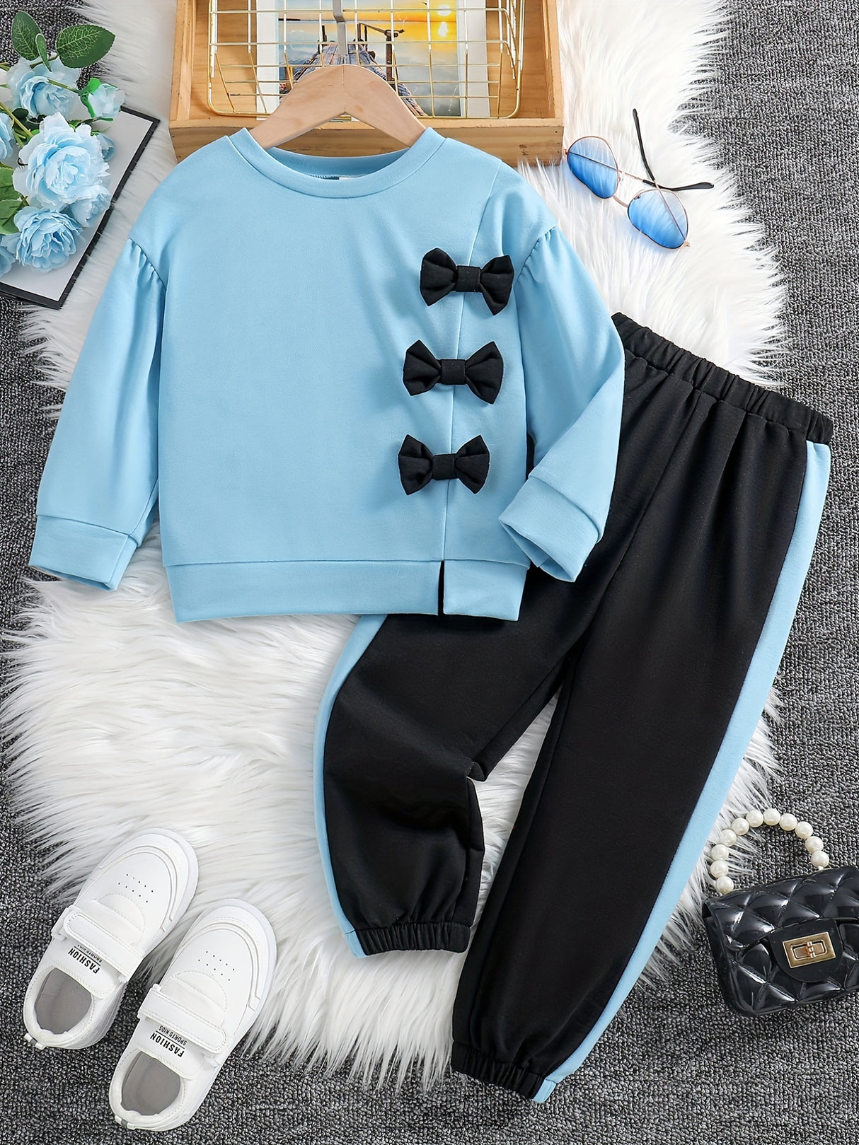 Girls 2pcs Sweatshirt & Elastic Waist Pants Set Bow Decor Long Sleeve Pullover Top Casual Kids Clothes Spring Fall