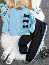 Girls 2pcs Sweatshirt & Elastic Waist Pants Set Bow Decor Long Sleeve Pullover Top Casual Kids Clothes Spring Fall