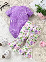 Adorable Baby Girl Romper Set - Cow Head Flower Short Sleeve Triangle Design, Long Flared Trousers with Vibrant Floral Print, Soft and Breathable Fabric, Comfortable Wear for Newborns