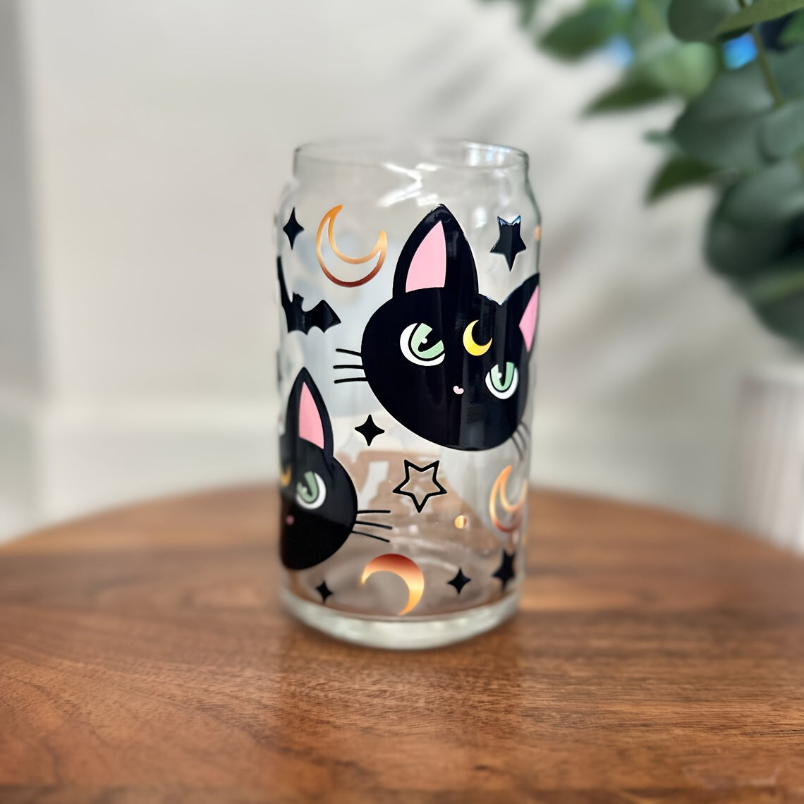 1pc, Cute Black Cat Drinking Glass With Lid And Straw, 16oz Can Shaped Water Cup, Iced Coffee Cup, For Tea, Juice, Milk, Birthday Gifts, Drinkware
