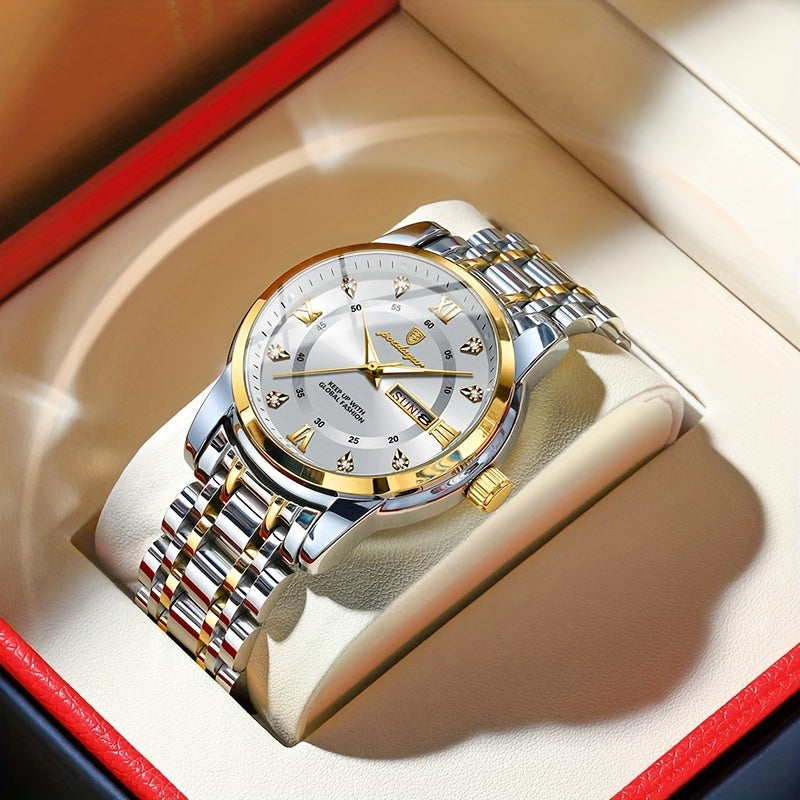 Elegant Date Week Waterproof Luminous Quartz Watch, Stainless Steel Sports Men's Watches