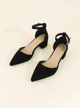 Women Minimalist Point Toe Chunky Heeled Faux Suede Ankle Strap Pumps