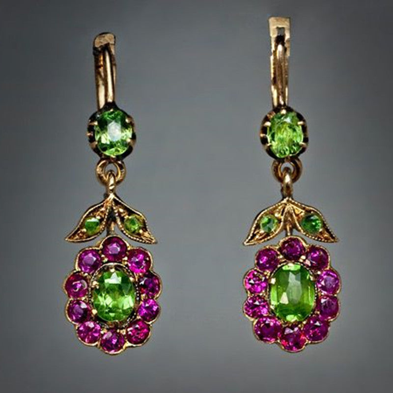 Vintage-Inspired 925 Silver Plated, 14K Gold Plated Dangle Earrings with Mosaic Synthetic Gems, Boho Chic Flower Rose Red Leaf Design, Zinc Alloy Construction, Ideal Gift for Women