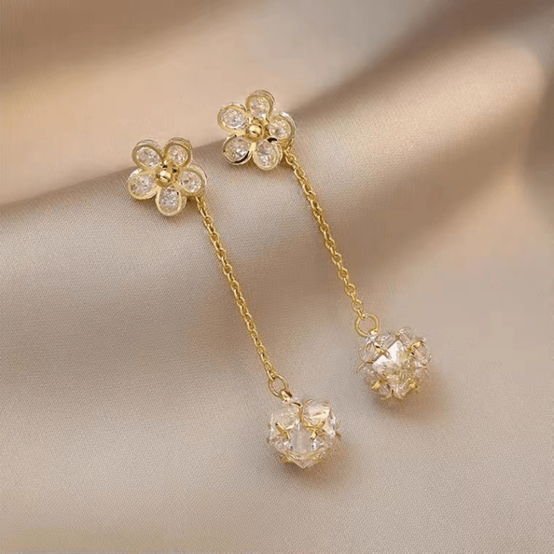 Exquisite Flower Design With Shiny Synthetic Gems Decor Dangle Earrings Elegant Style Alloy Jewelry Delicate Female Gift
