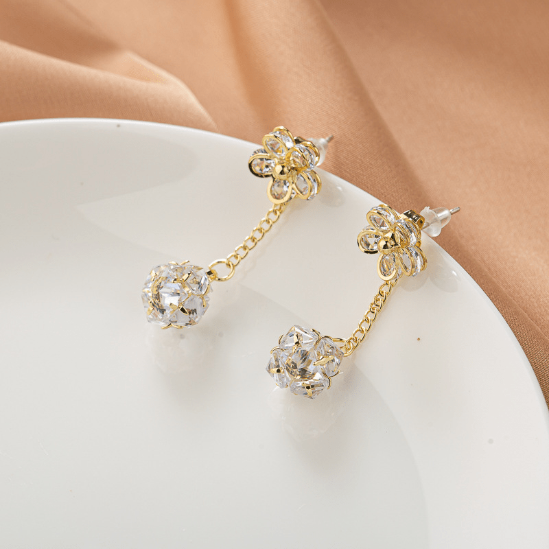 Exquisite Flower Design With Shiny Synthetic Gems Decor Dangle Earrings Elegant Style Alloy Jewelry Delicate Female Gift