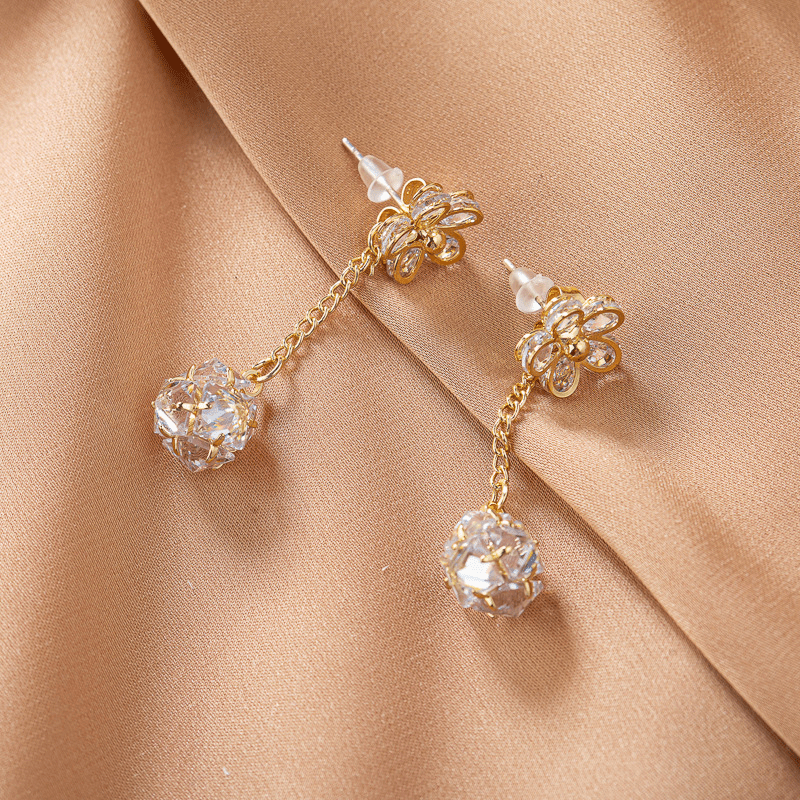 Exquisite Flower Design With Shiny Synthetic Gems Decor Dangle Earrings Elegant Style Alloy Jewelry Delicate Female Gift