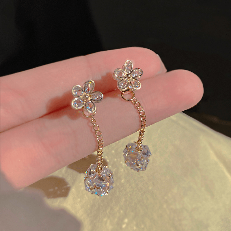 Exquisite Flower Design With Shiny Synthetic Gems Decor Dangle Earrings Elegant Style Alloy Jewelry Delicate Female Gift