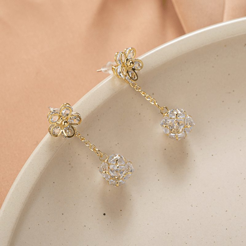 Exquisite Flower Design With Shiny Synthetic Gems Decor Dangle Earrings Elegant Style Alloy Jewelry Delicate Female Gift