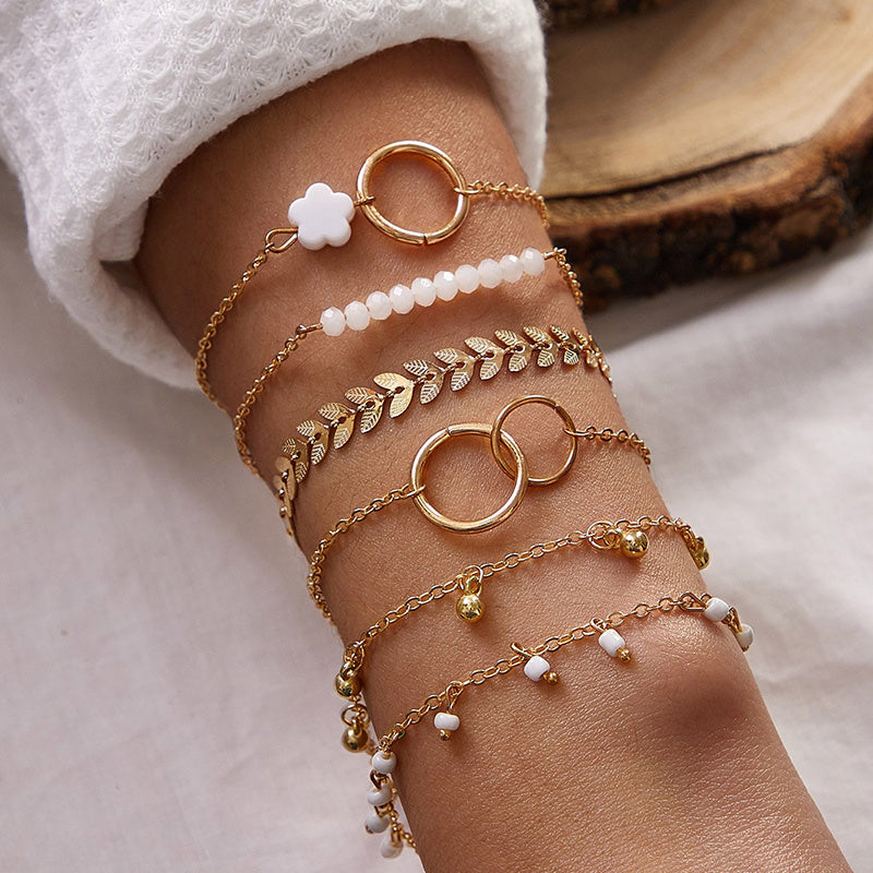 6pcs/4pcs/sets Bohemian Beaded Bracelets For Women Pretty Flowers Leaf Hollow Out Geometry Adjuatble Tassel Jewelry