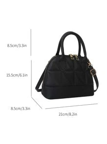 Quilted Double Handle Dome Bag Simple Design Zipper Shoulder Bag, Solid Color PU Leather Crossbody Bag, Portable Top Handle Handbag