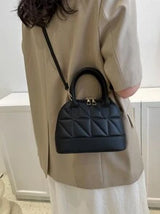 Quilted Double Handle Dome Bag Simple Design Zipper Shoulder Bag, Solid Color PU Leather Crossbody Bag, Portable Top Handle Handbag