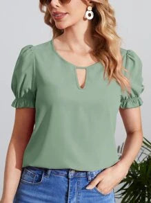 EASYOWN Clasi Keyhole Neck Puff Sleeve Top