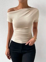 Calvaya Solid Ruched Asymmetrical Neck Tee