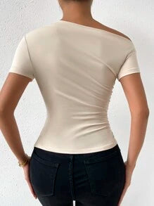 Calvaya Solid Ruched Asymmetrical Neck Tee