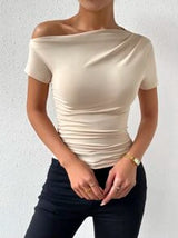 Calvaya Solid Ruched Asymmetrical Neck Tee