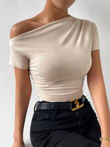 Calvaya Solid Ruched Asymmetrical Neck Tee
