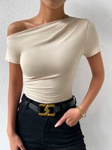 Calvaya Solid Ruched Asymmetrical Neck Tee