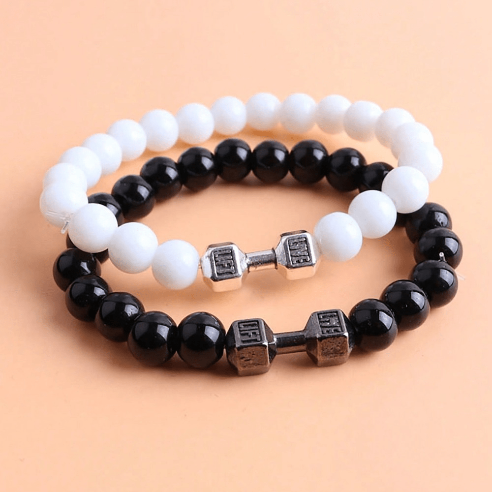 2pcs Men Dumbbell Decor Beaded Bracelets, Gift For Family And Friends, Holiday Birthday Gift For Boyfriends