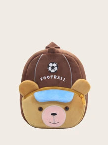 1pc Cute Football Brown Bear Plush Material Backpack For Children, Zipper Closure, Suitable For Kindergarten, Daily Use