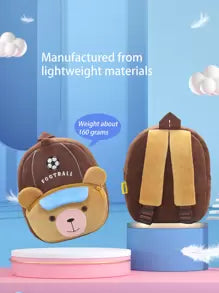 1pc Cute Football Brown Bear Plush Material Backpack For Children, Zipper Closure, Suitable For Kindergarten, Daily Use