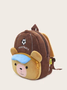 1pc Cute Football Brown Bear Plush Material Backpack For Children, Zipper Closure, Suitable For Kindergarten, Daily Use
