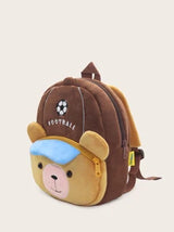 1pc Cute Football Brown Bear Plush Material Backpack For Children, Zipper Closure, Suitable For Kindergarten, Daily Use
