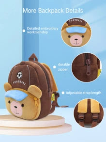 1pc Cute Football Brown Bear Plush Material Backpack For Children, Zipper Closure, Suitable For Kindergarten, Daily Use
