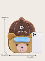 1pc Cute Football Brown Bear Plush Material Backpack For Children, Zipper Closure, Suitable For Kindergarten, Daily Use