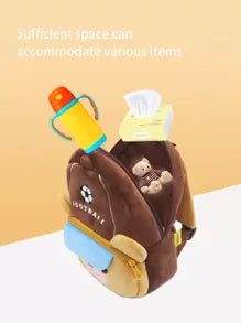 1pc Cute Football Brown Bear Plush Material Backpack For Children, Zipper Closure, Suitable For Kindergarten, Daily Use