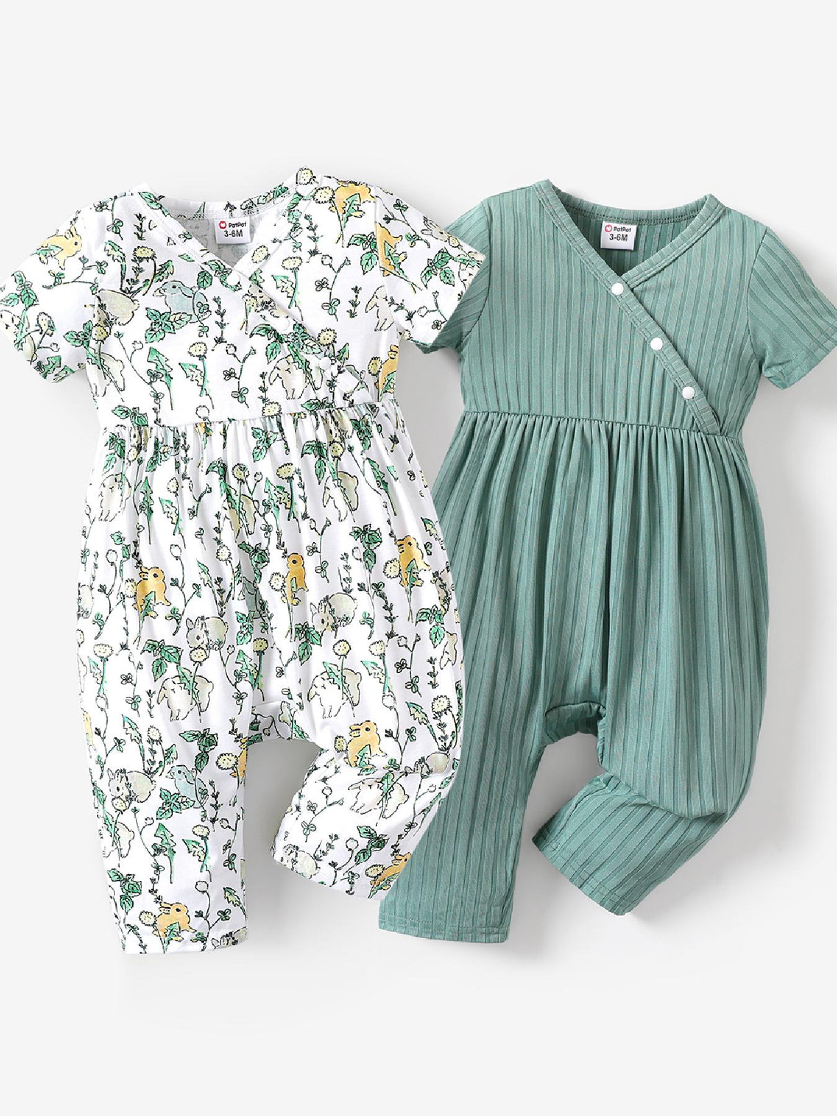 PatPat Baby Girl Cute All Over Rabbit Print/Solid Ribbed V Neck Short-sleeve Jumpsuit For Summer Outdoor Wear