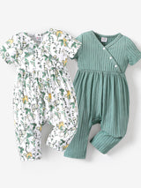 PatPat Baby Girl Cute All Over Rabbit Print/Solid Ribbed V Neck Short-sleeve Jumpsuit For Summer Outdoor Wear