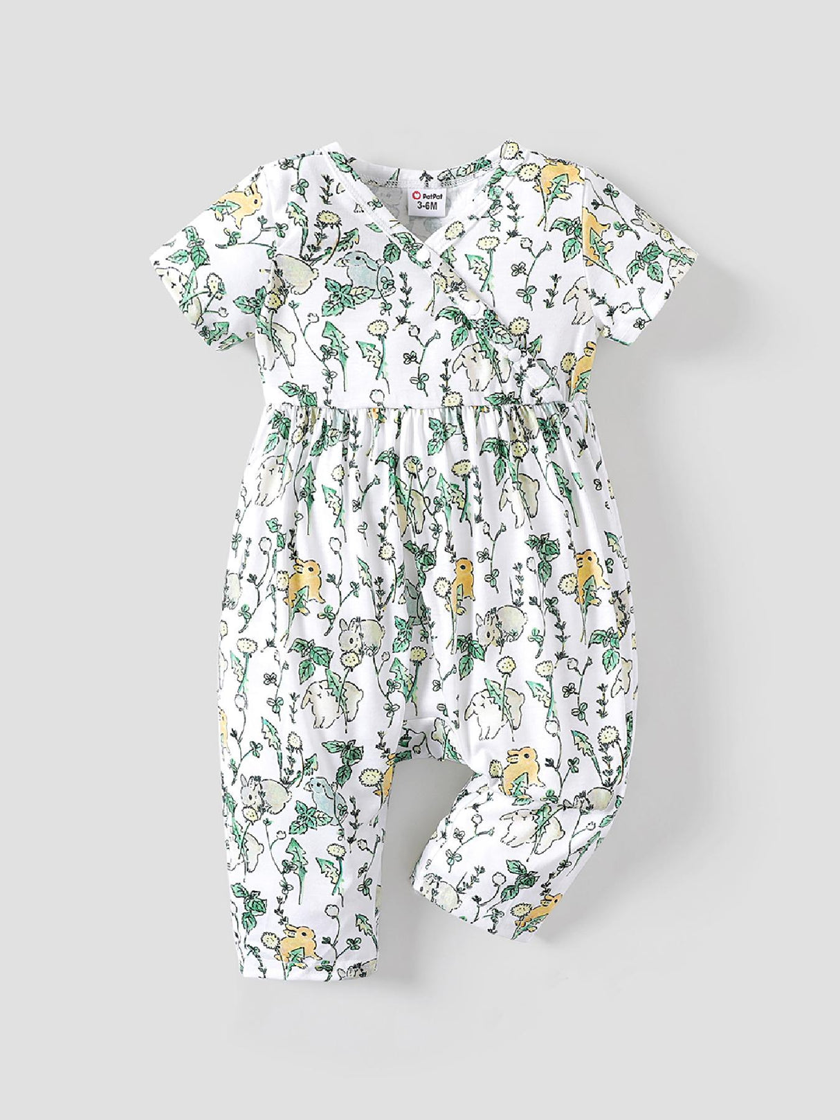 PatPat Baby Girl Cute All Over Rabbit Print/Solid Ribbed V Neck Short-sleeve Jumpsuit For Summer Outdoor Wear