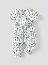 PatPat Baby Girl Cute All Over Rabbit Print/Solid Ribbed V Neck Short-sleeve Jumpsuit For Summer Outdoor Wear