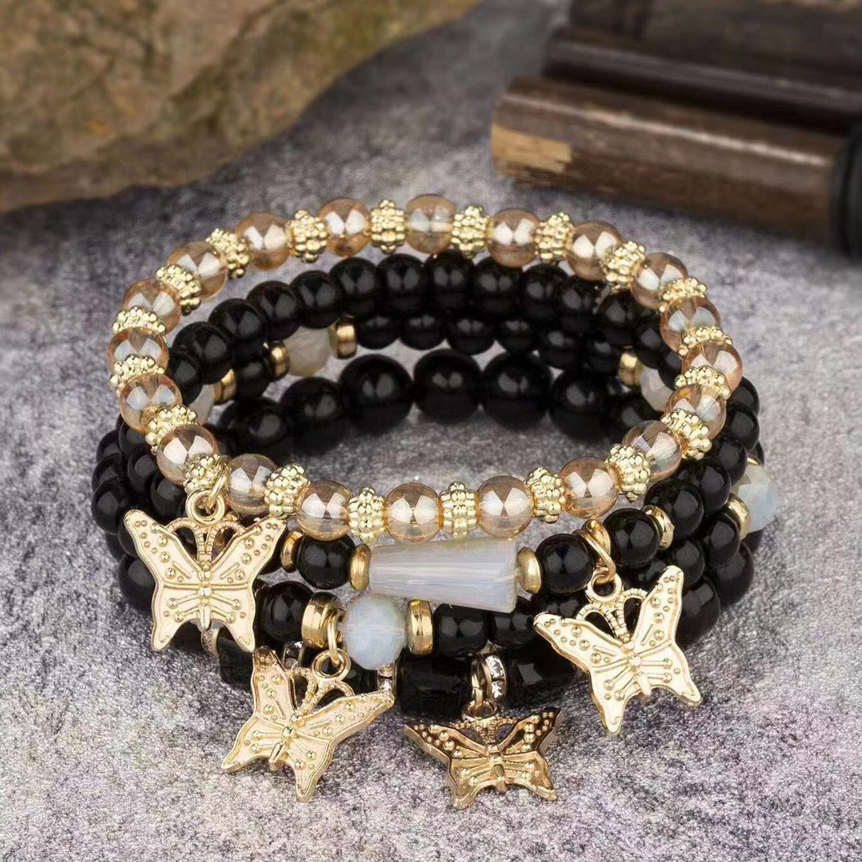 4pcs/set Bohemian Style Butterfly Charm Colorful Beaded Bracelets, Cute Hand Jewelry Gift For Girls